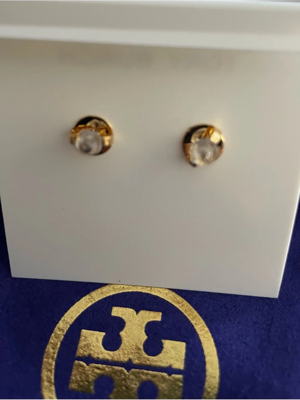 Tory Burch Gold and Black Logo with White Pearl Drop Earrings